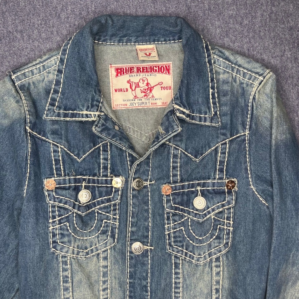 True Religion Joey Super T Denim Jacket Mens Large Blue Contrast Stitch Made USA
